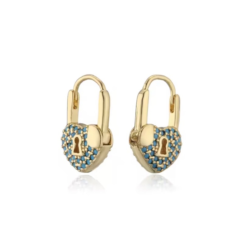 Gold Heart Padlock Huggie Earrings with Blue Stones